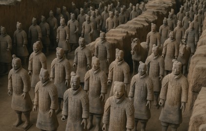 중국 시안의 병마용 유적지, 줄지어 서 있는 실물 크기의 테라코타 병사와 말 조각상.