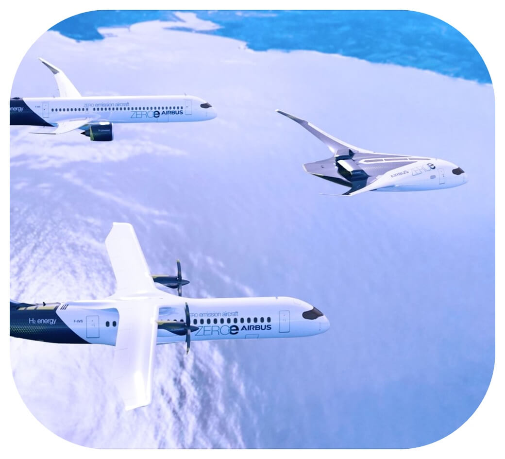 에어버스의 차세대 수소연료를 사용하는 터보팬, 터포프롭, 일체형 신형 항공기들이 하늘을 비행하고 있는 모습