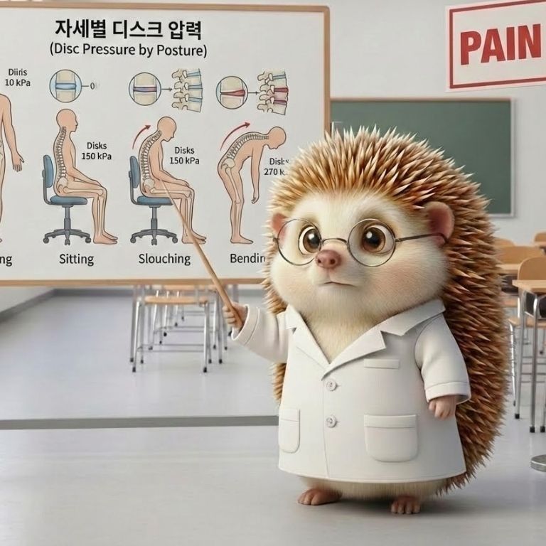 '자세별 디스크 압력' 도표가 그려진 화이트보드 앞에서 도치씨가 지시봉을 들고 설명하는 모습