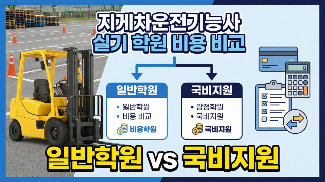 지게차운전기능사 실기 학원 비용과 일반학원 국비지원 차이를 안내하는 대표 이미지