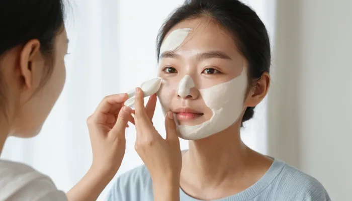 마데카 크림을 얼굴에 바르고 있는 여성의 모습