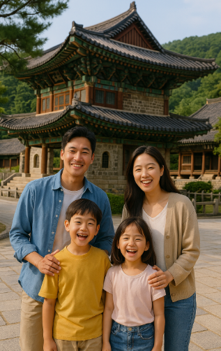 청주 관광지에서 웃으며 기념사진을 찍고 있는 가족