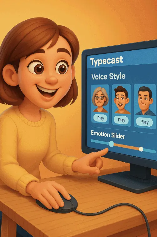 ‘Voice Style’이라는 문구가 보이는 화면을 보며 다양한 AI 음성 캐릭터를 고르고 있는 여성 사용자 캐릭터가 그려진 픽사풍 스타일의 이미지. 밝고 경쾌한 색감의 UI에는 감정 톤 슬라이더, 음성 캐릭터 썸네일, 미리 듣기 버튼이 보이며, 이 이미지는 Typecast의 직관적인 캐릭터 선택 인터페이스와 사용자 친화적인 음성 합성 과정을 시각적으로 표현함 (typecast TTS UI, voice character selection, Pixar-style illustration).