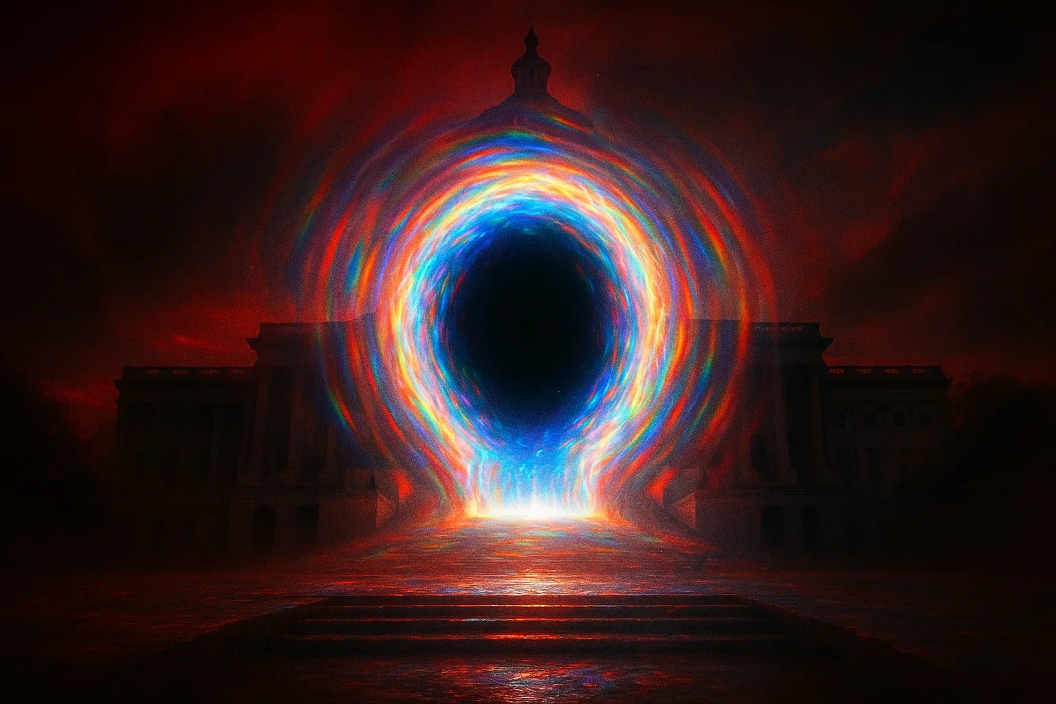 신비한 포털이 어둠 속 고대 건물 앞에 빛나는 모습, 강렬한 레인보우 컬러의 에너지 효과와 대비되는 붉은 배경