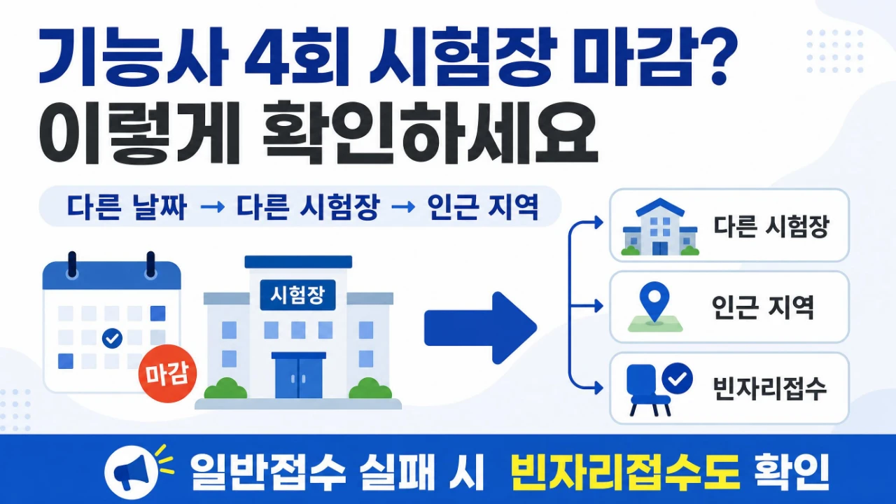 큐넷 기능사 4회 원서접수에서 원하는 시험장이 마감됐을 때 다른 지역과 빈자리접수를 확인하는 방법을 설명하는 대표 이미지