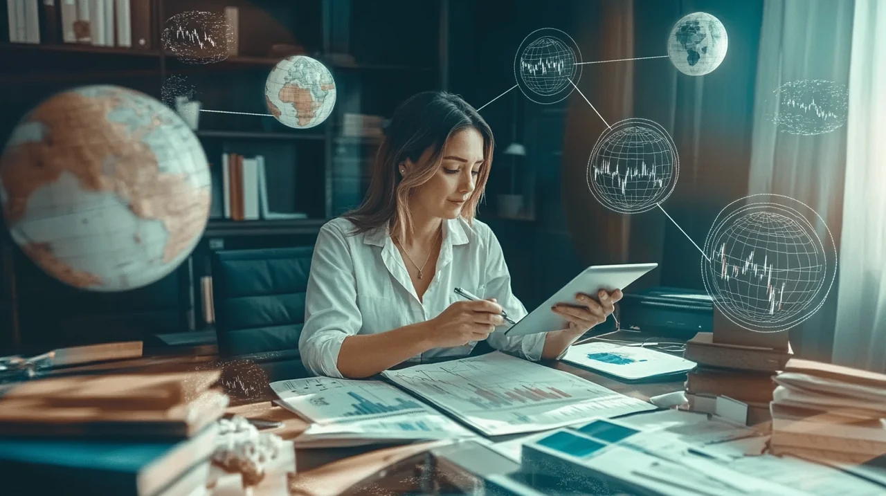 투자자는 정치적 요인이 ETF 시장에 미치는 영향을 깊이 분석하고 있습니다. 주식 시장 차트와 상징적인 지리정치적 아이콘들로 둘러싸여 있으며, 신중한 통찰력과 전략적 사고를 나타냅니다.