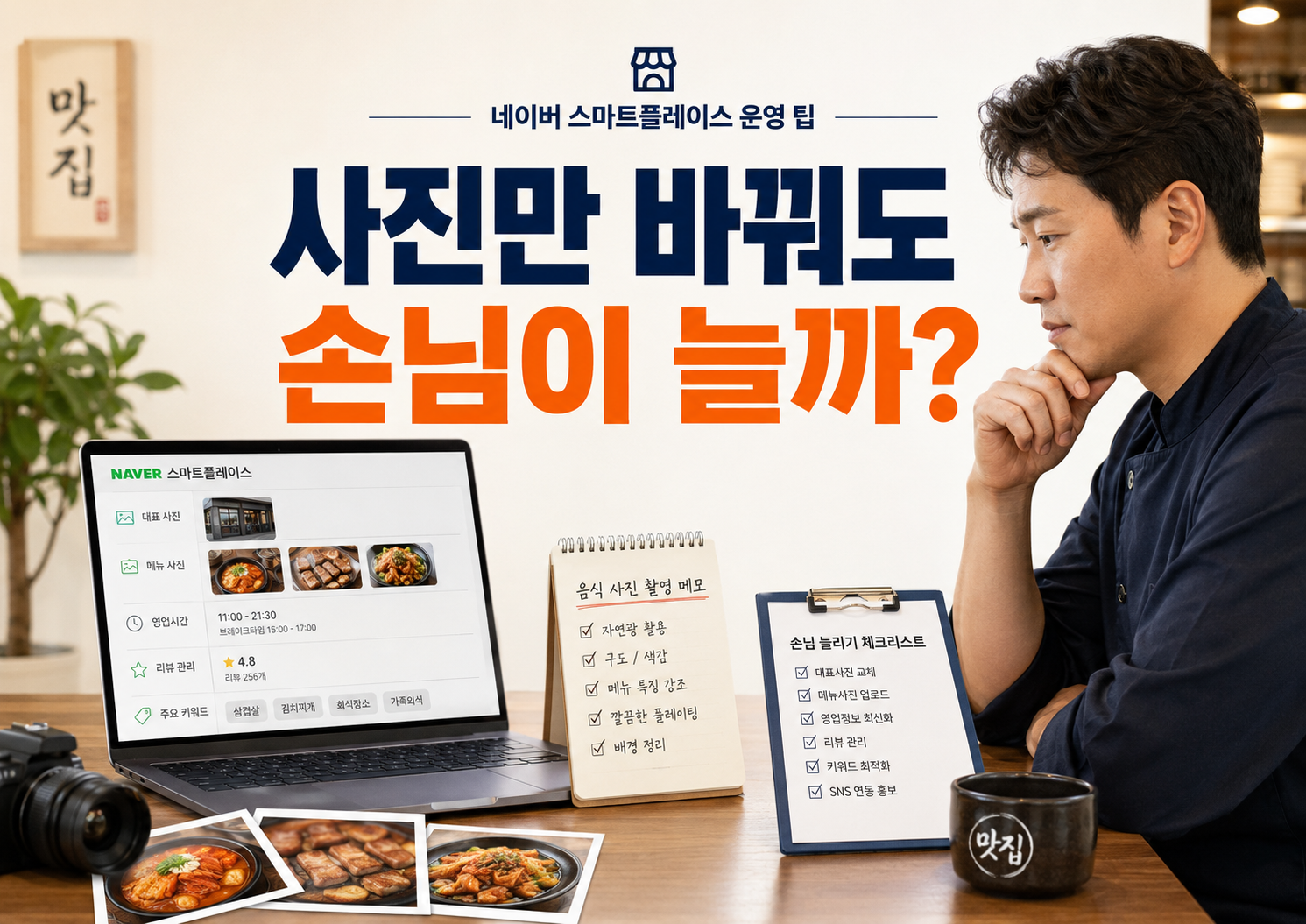 음식점 사장님이 네이버 플레이스 대표사진과 메뉴사진을 수정하기 전 고객 유입 기준을 확인하는 모습