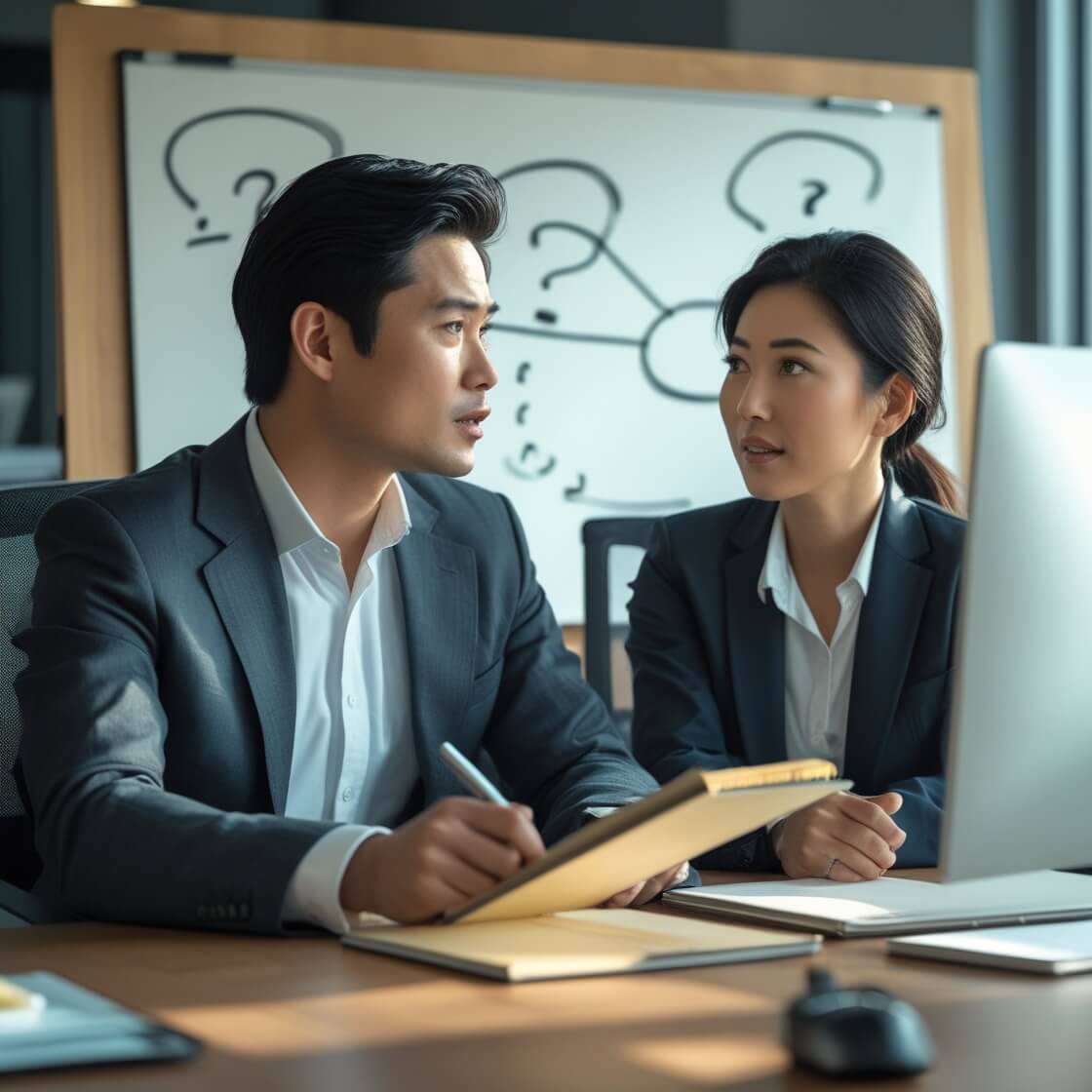 직장인들이 회의중 대화를 하고있는 모습