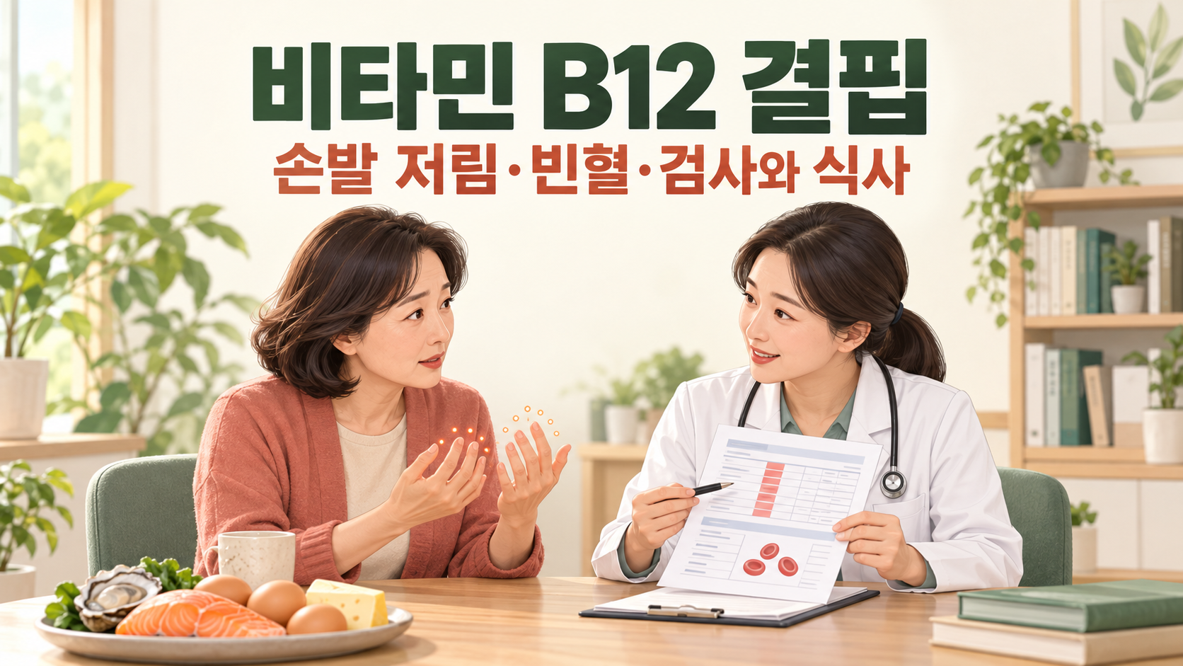손끝이 저린 중년 여성이 의료진과 혈액검사 결과 및 비타민 B12가 들어 있는 음식을 함께 살펴보는 모습.