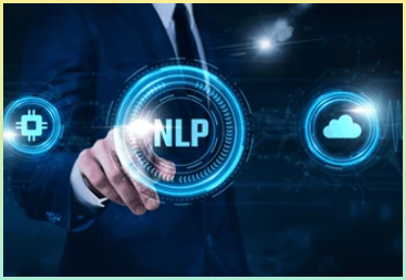 NLP 텍스트가 써있는 디지털 홀로그램과 손으로 가리키고 있는 사진