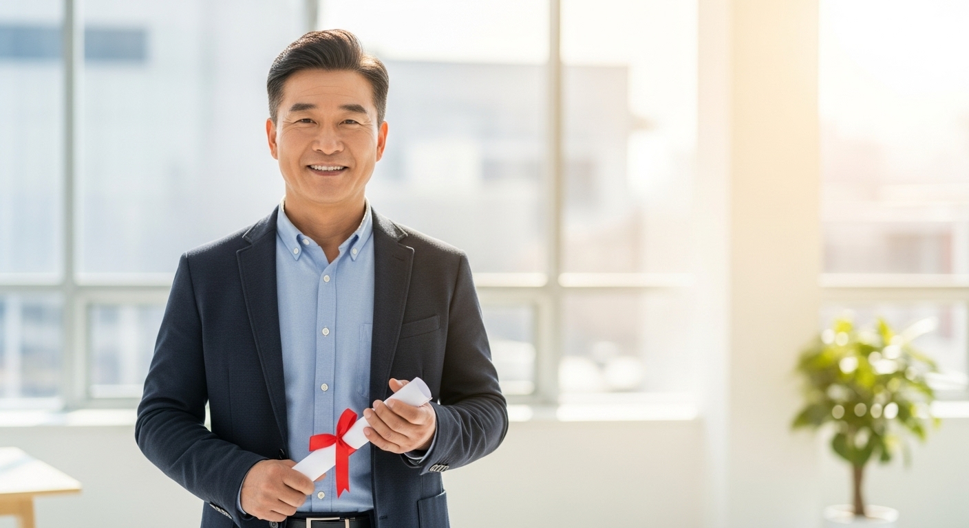 2026년 재취업 성공을 위해 국가기술자격증을 들고 환하게 웃는 50대 한국인 남성의 모습. 희망찬 미래와 전문성을 상징합니다.