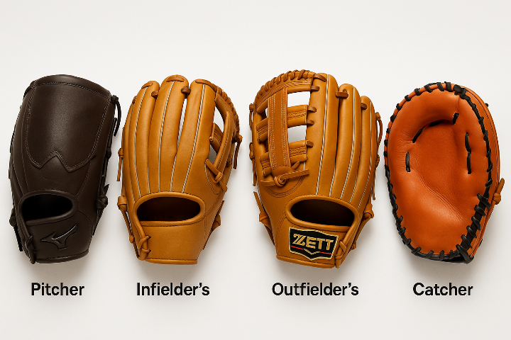 야구 포지션별 글로브입니다.
왼쪽부터 투수용, 내야수용, 외야수용, 포수용입니다