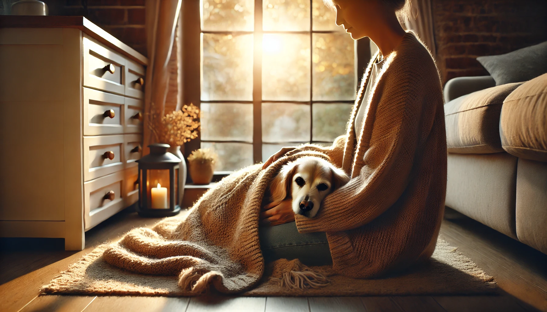 햇살이 드는 창가에서 반려견과의 조용히 작별을 나누는 장면