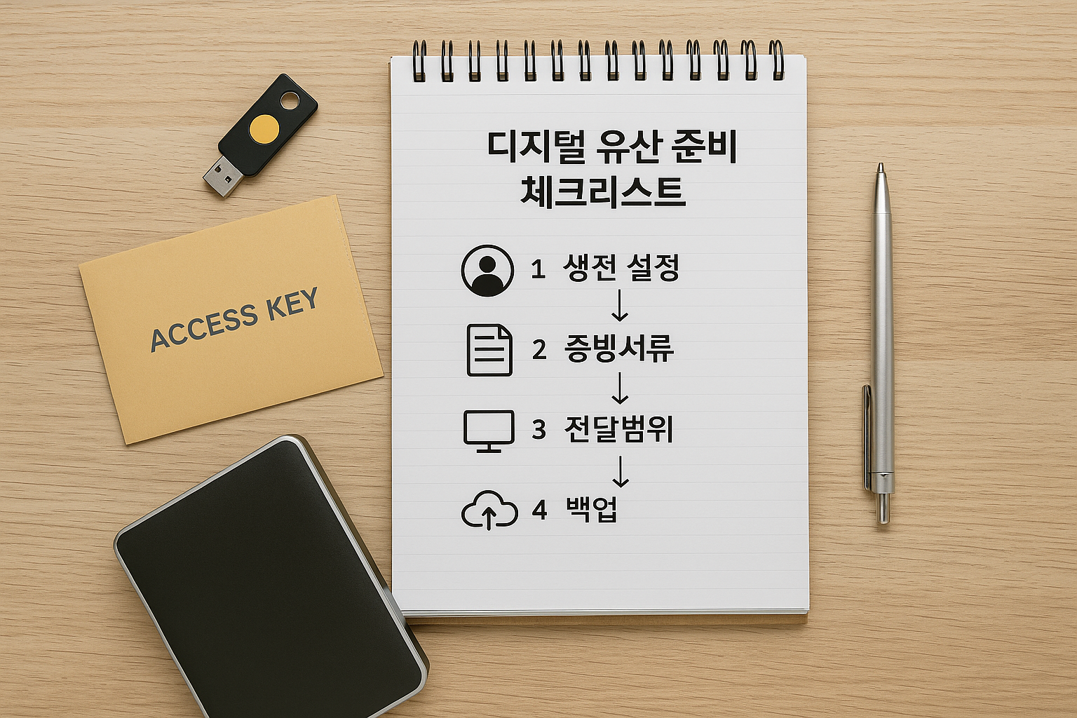 디지털 유산 준비 체크리스트&mdash;생전 설정, 증빙서류, 전달범위, 백업 순서가 적힌 노트와 보안키&middot;액세스 키 봉투