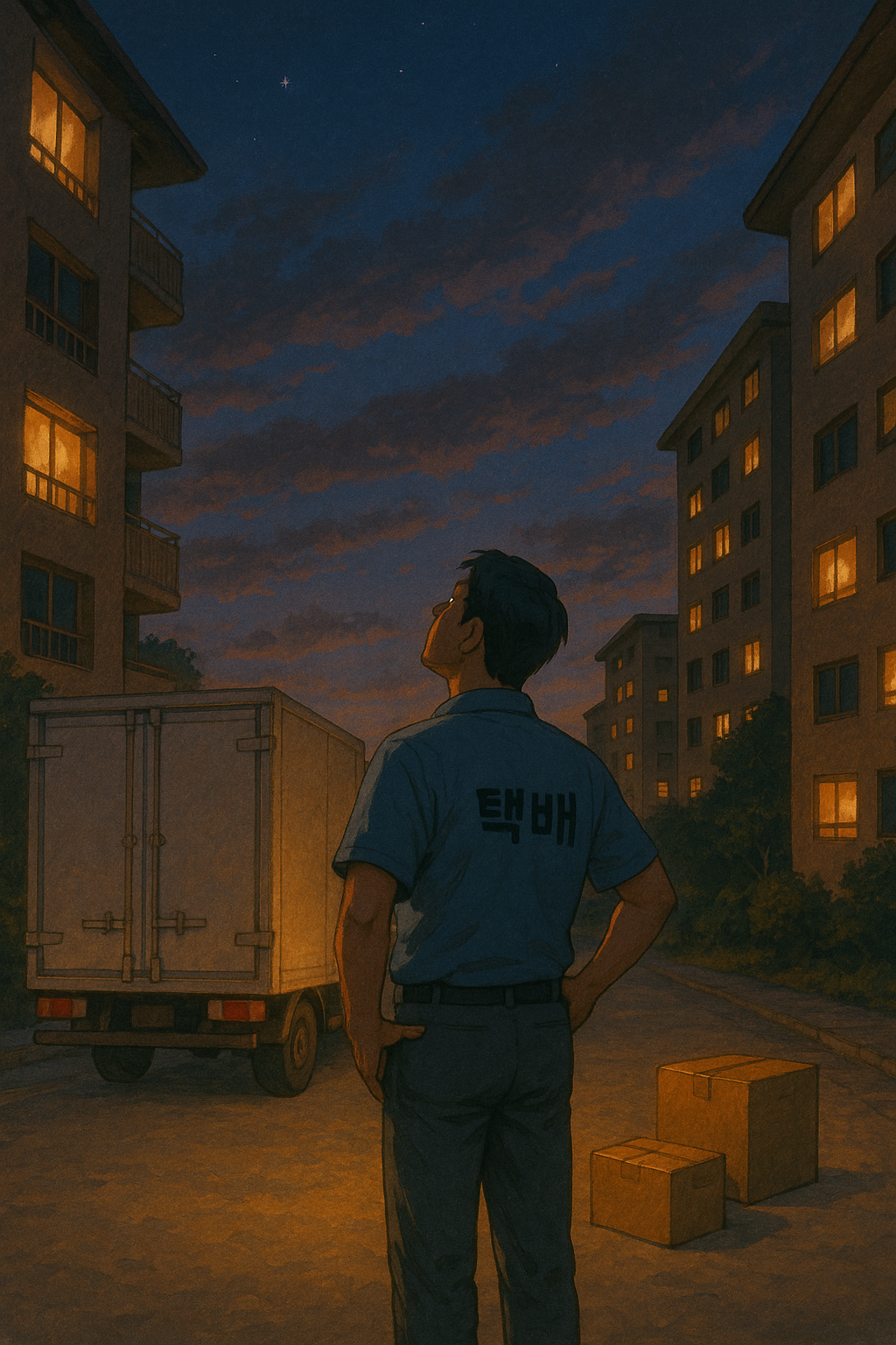 하늘을 올려다보며 배송을 멈춘 택배 기사, 마음을 세우는 고요한 시간