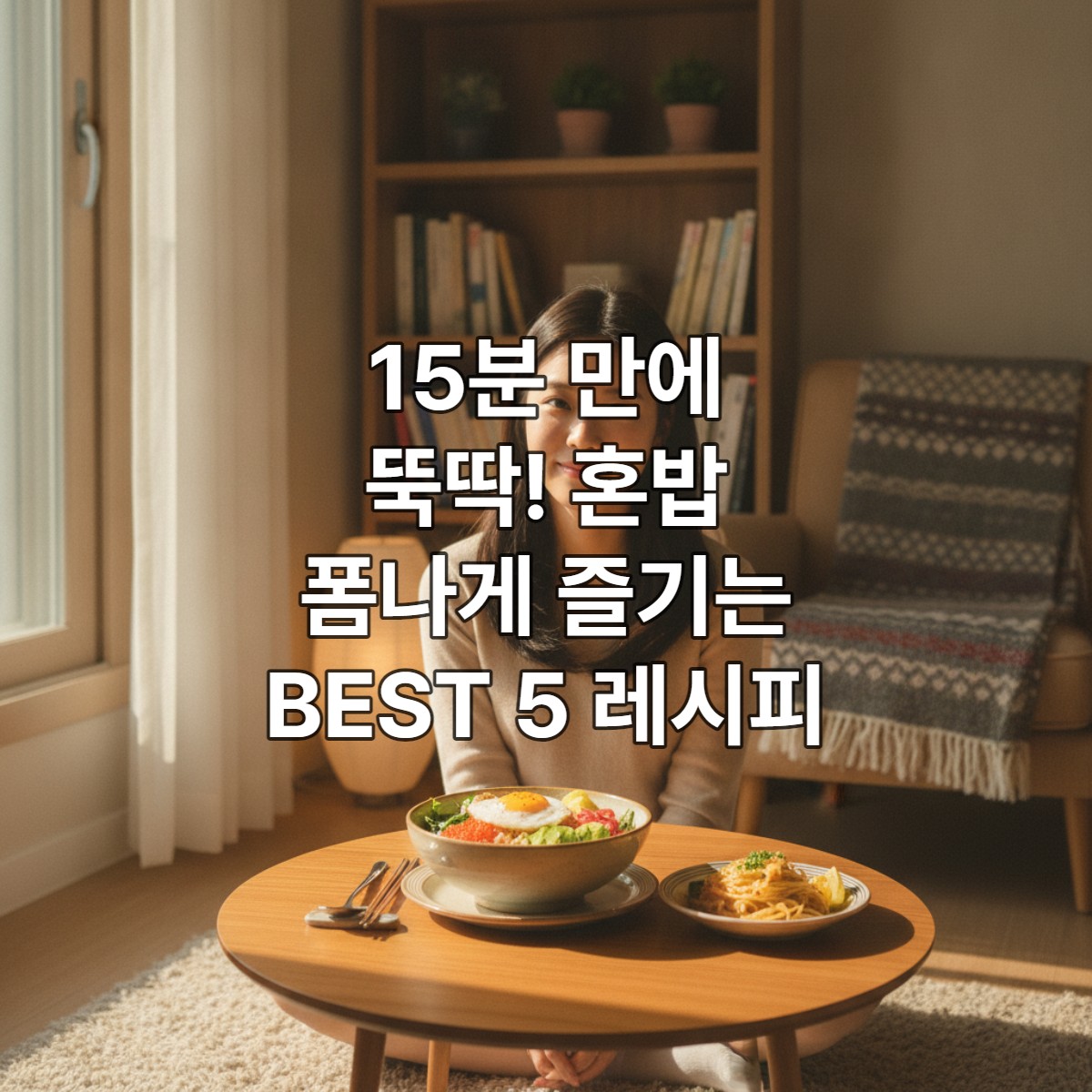 아늑한 집에서 밝은 미소를 지으며 15분 만에 직접 만든 근사한 혼밥 요리를 즐기는 한국인 여성의 모습.