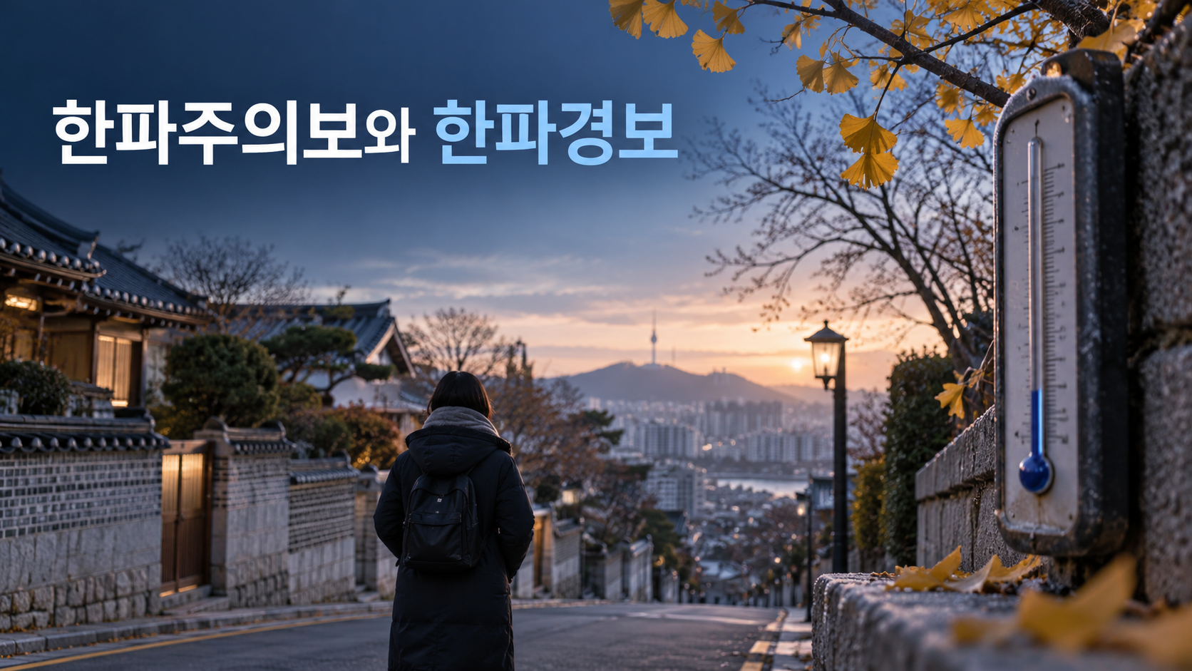 가을 아침 골목과 외투를 입은 사람으로 표현한 한파 특보