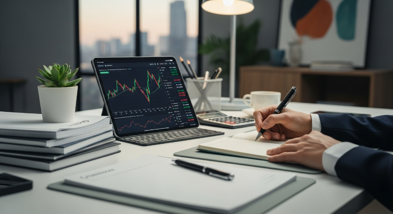 재무 보고서, 주식 차트가 보이는 태블릿, 그리고 필기구가 정돈된 책상 위에서 투자자가 중요한 내용을 기록하는 모습. 실질적인 투자 분석 과정을 나타냅니다.