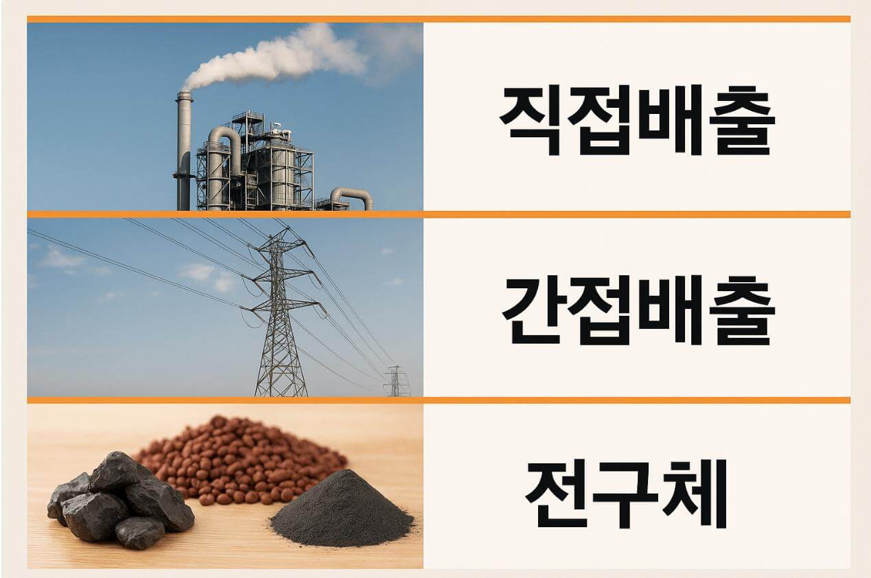 직접배출, 간접배출, 전구체를 이미지로 구분한 설명 자료.