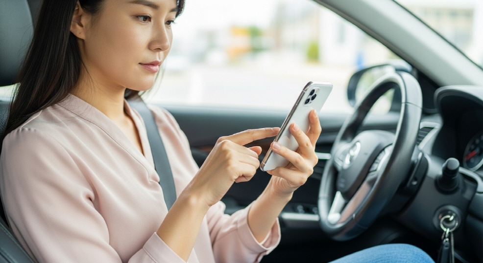 차 안에서 스마트폰으로 앱 확인하는 여성