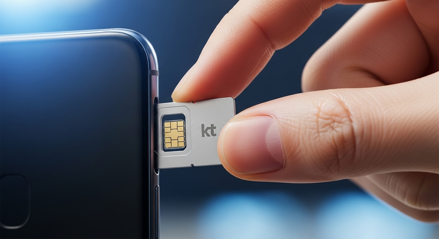 손이 스마트폰에 KT 로고가 새겨진 유심 카드를 삽입하는 모습. 유심 교체의 용이성을 보여준다.