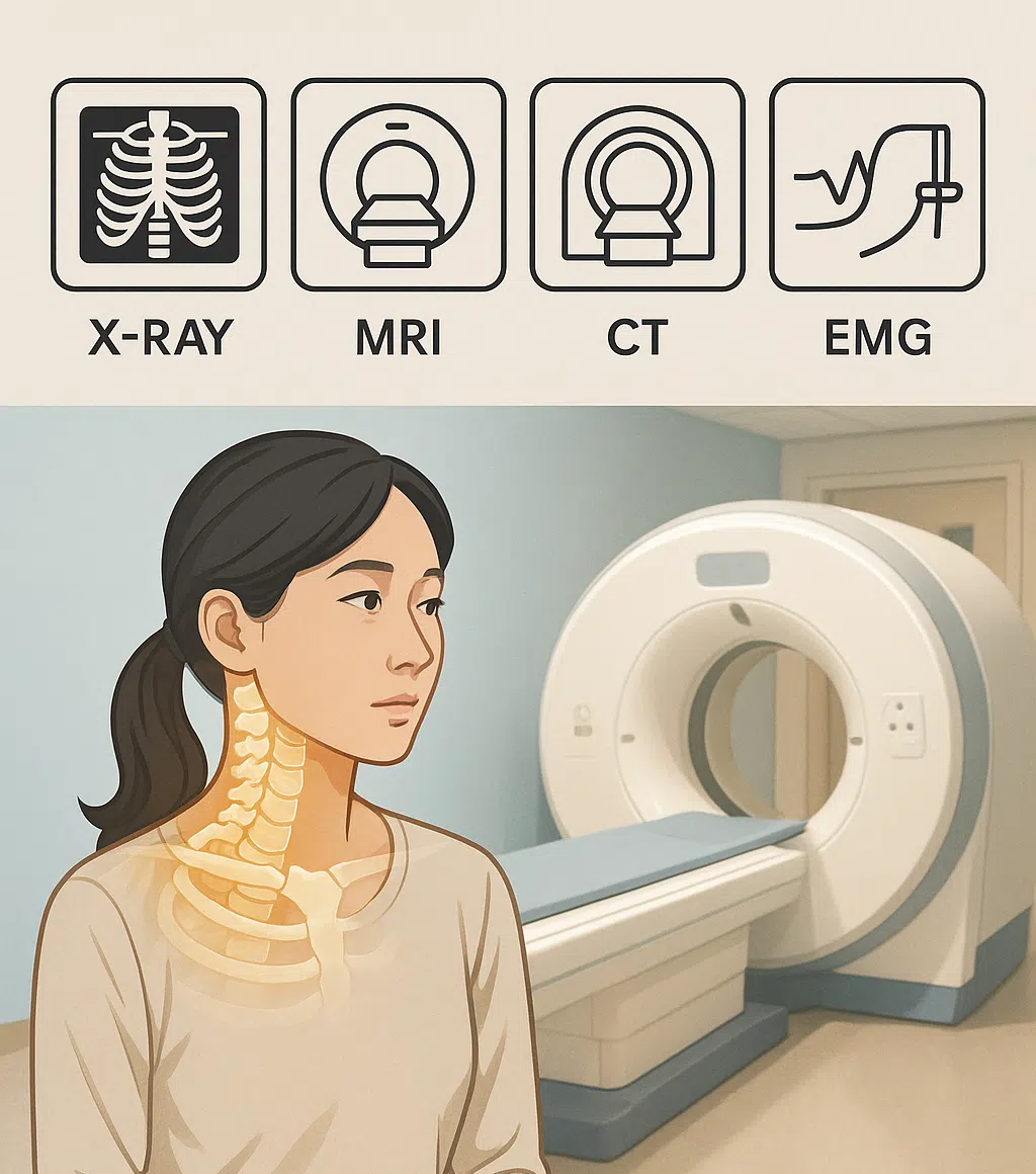 X-ray, MRI, CT, 근전도 검사를 상징하는 장비 아이콘 4개 나열, 목 구조 투시 이미지, 병원에서 MRI 촬영 대기 중인 환자