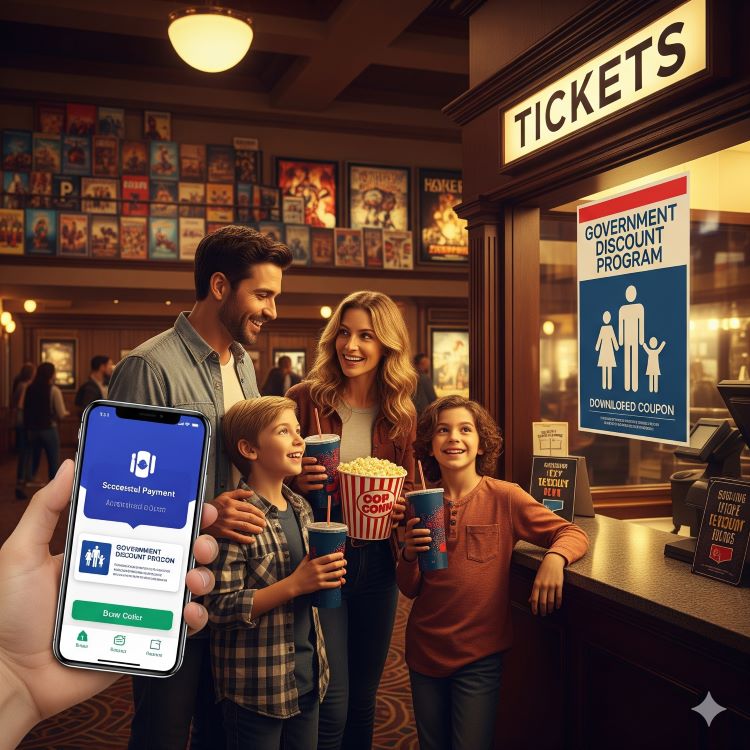부부·가족이 영화관 앞에서 스마트폰 앱으로 할인권을 다운받고 결제하는 모습, 현장 매표소와 정부 할인 쿠폰이 함께 보이는 장면