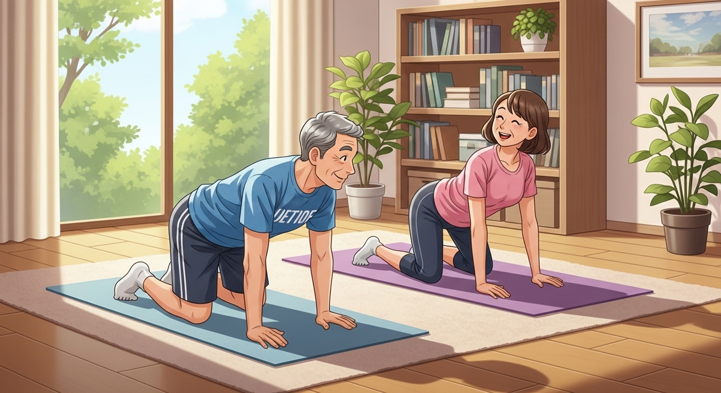 50대 부부가 거실에서 요가매트 위에서 관절 운동을 하는 모습