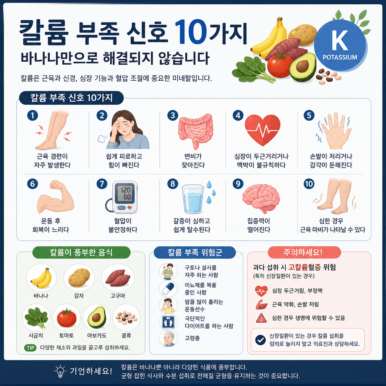 칼륨 부족 시 나타나는 주요 증상과 칼륨이 풍부한 음식, 관리 방법을 간결하게 정리한 건강 인포그래픽