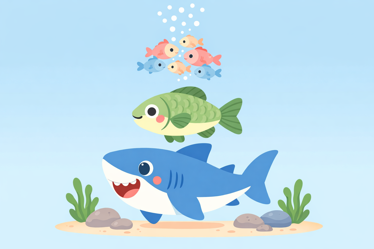 물고기로 비유한 먹이사슬 표현, 동화 느낌 일러스트