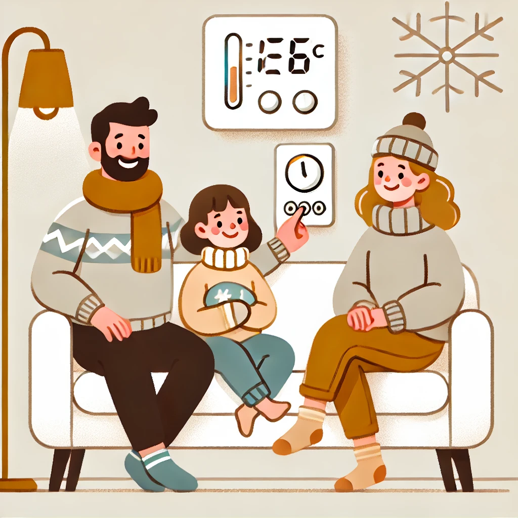 가족이 거실에서 온도 조절기를 설정하며 지역난방비를 절약하는 모습