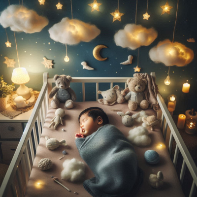 아기 침대에서 꿈을 꾸고 있는 아기의 모습. 구름, 별, 달이 배경을 이루며 환상적인 분위기를 자아낸다.