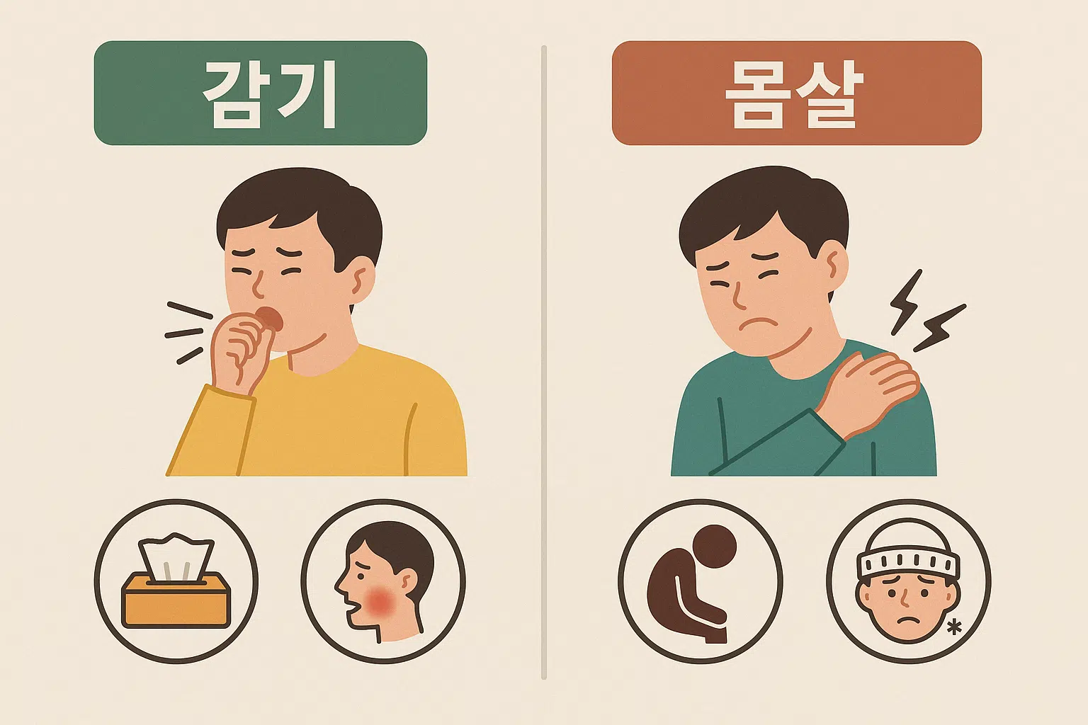 몸살과 감기의 차이, 감기 - 기침, 콧물, 인후통, 몸살 - 근육통, 피로감, 오한