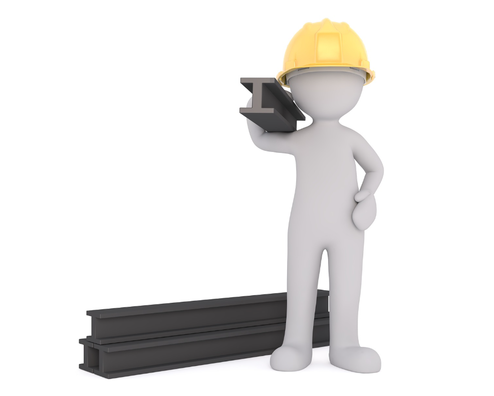 철근을 어깨에 짊어지고 안전모를 쓴 흰색 사람 형상