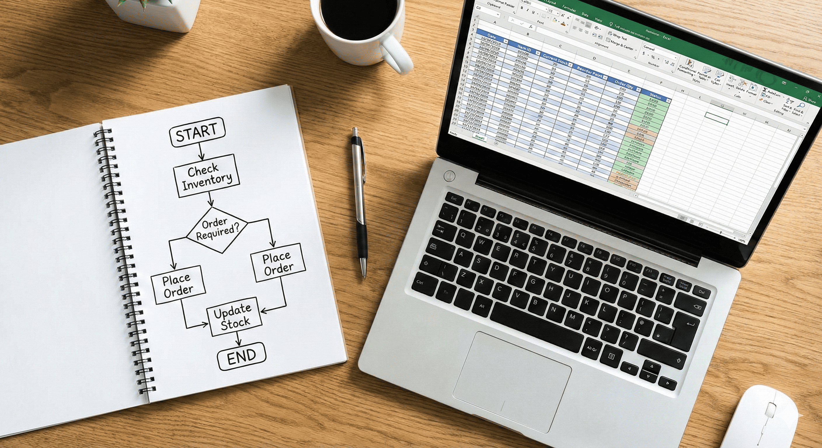 손으로 그린 기획안이 AI를 통해 빈틈없는 디지털 결과물로 완성된 모습을 비교하며, 인간의 설계가 가진 중요성을 강조합니다.