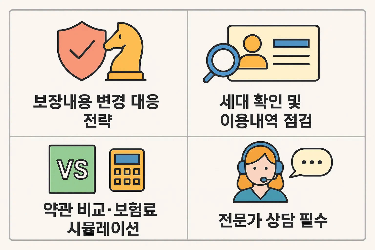 2025년 실손보험 보장내용 변경에 대응하기 위한 세대별 실전 전략을 안내하는 인포그래픽으로, 약관 비교, 보험료 시뮬레이션, 전문가 상담 포인트를 정리했습니다.