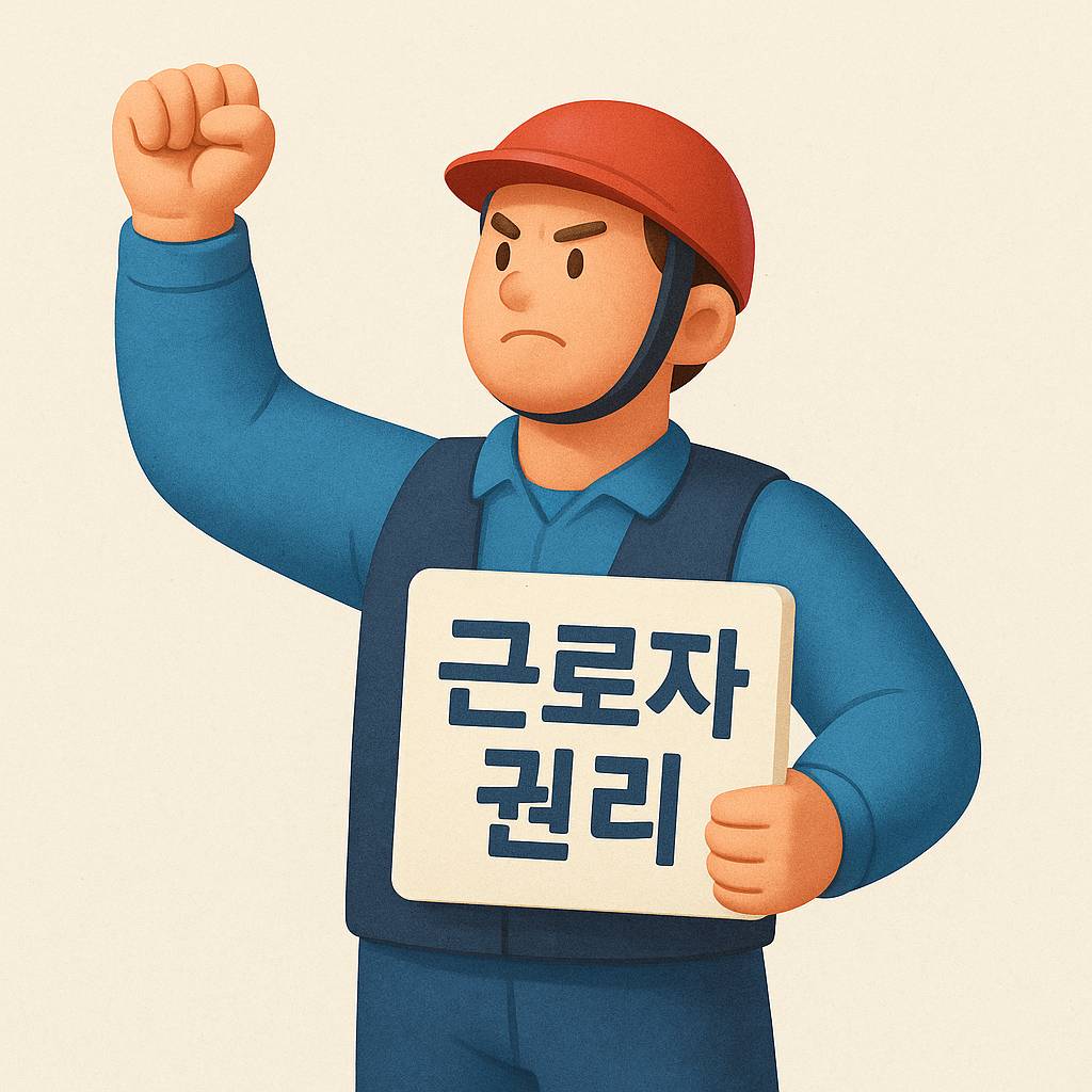 '근로자 권리'라고 적힌 피켓을 들고 주먹을 쥔 채 외치는 중년 남성 근로자의 2D 일러스트. 노동자의 권리 보호와 주장 의지를 시각적으로 표현함.