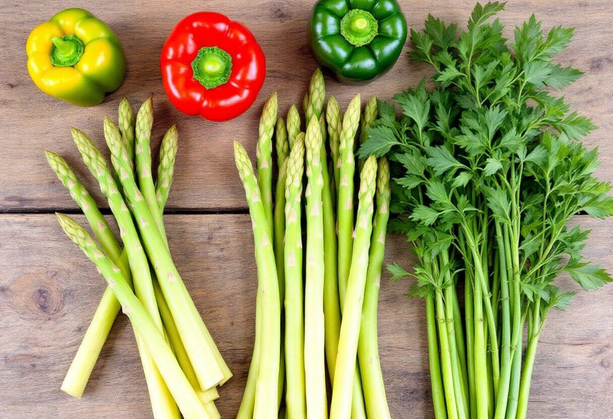 초록색 아스파라거스와 다채로운 색깔의 파프리카. 건강한 지방 연소 채소