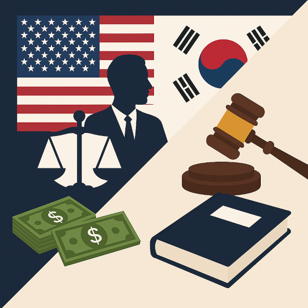 미국과 한국의 민사소송 문화를 비교한 사선 분할 일러스트. 왼쪽은 미국 법정의 저울, 달러 지폐, 변호사 서류가 있고, 오른쪽은 한국 법정의 서류 뭉치, 원화 지폐, 판사봉이 표현되어 있다. 양국의 소송 방식과 비용 구조의 차이를 상징적으로 보여준다.