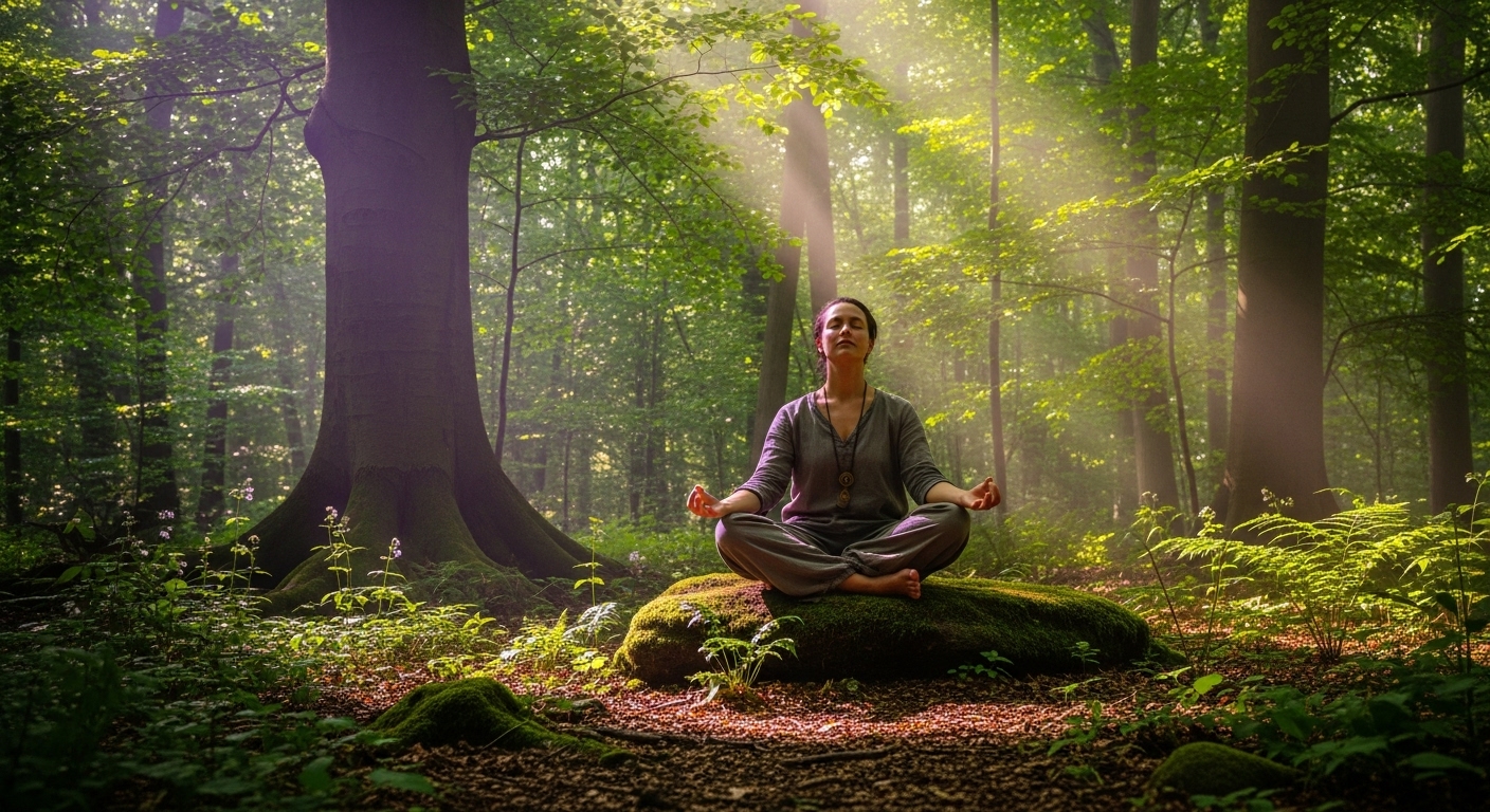 햇살이 스며드는 숲속에서 명상하는 사람, 자연 속 휴식과 마음의 평화를 상징하는 그림.