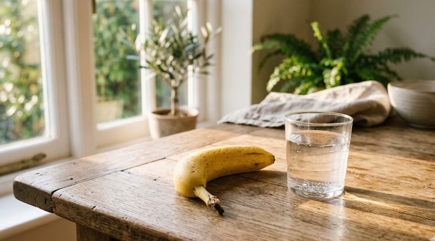 아침 햇살이 드는 식탁 위에 놓인 아침 공복 바나나와 물 한 잔