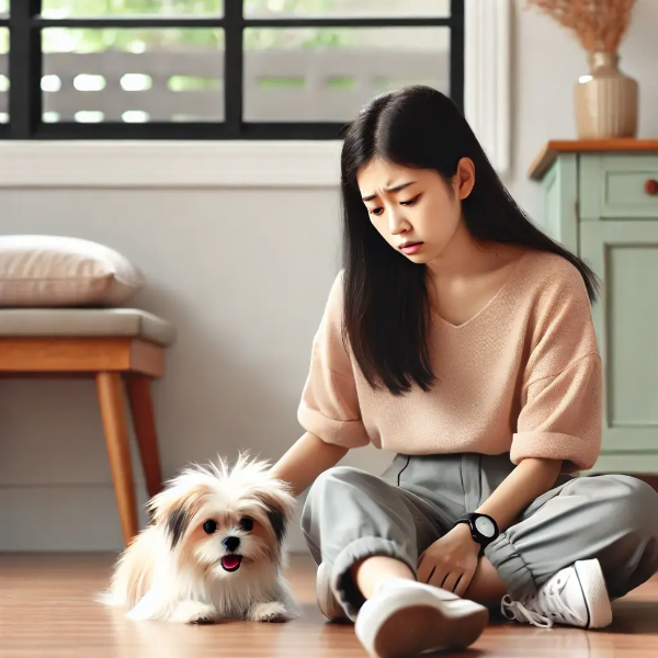 실내에서 반려견의 거친 숨을 걱정스럽게 지켜보는 젊은 동양 여성