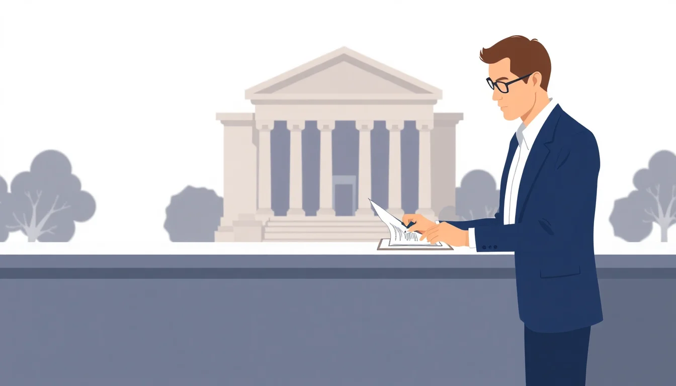 정장을 입은 남자가 서류를 보고 있다.