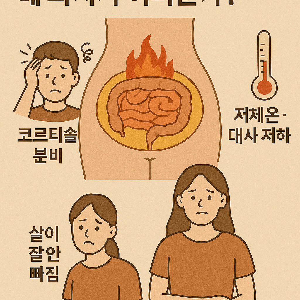 내장지방의 축적 위치와 염증 반응, 호르몬 작용 등이 설명된 인포그래픽 스타일의 일러스트