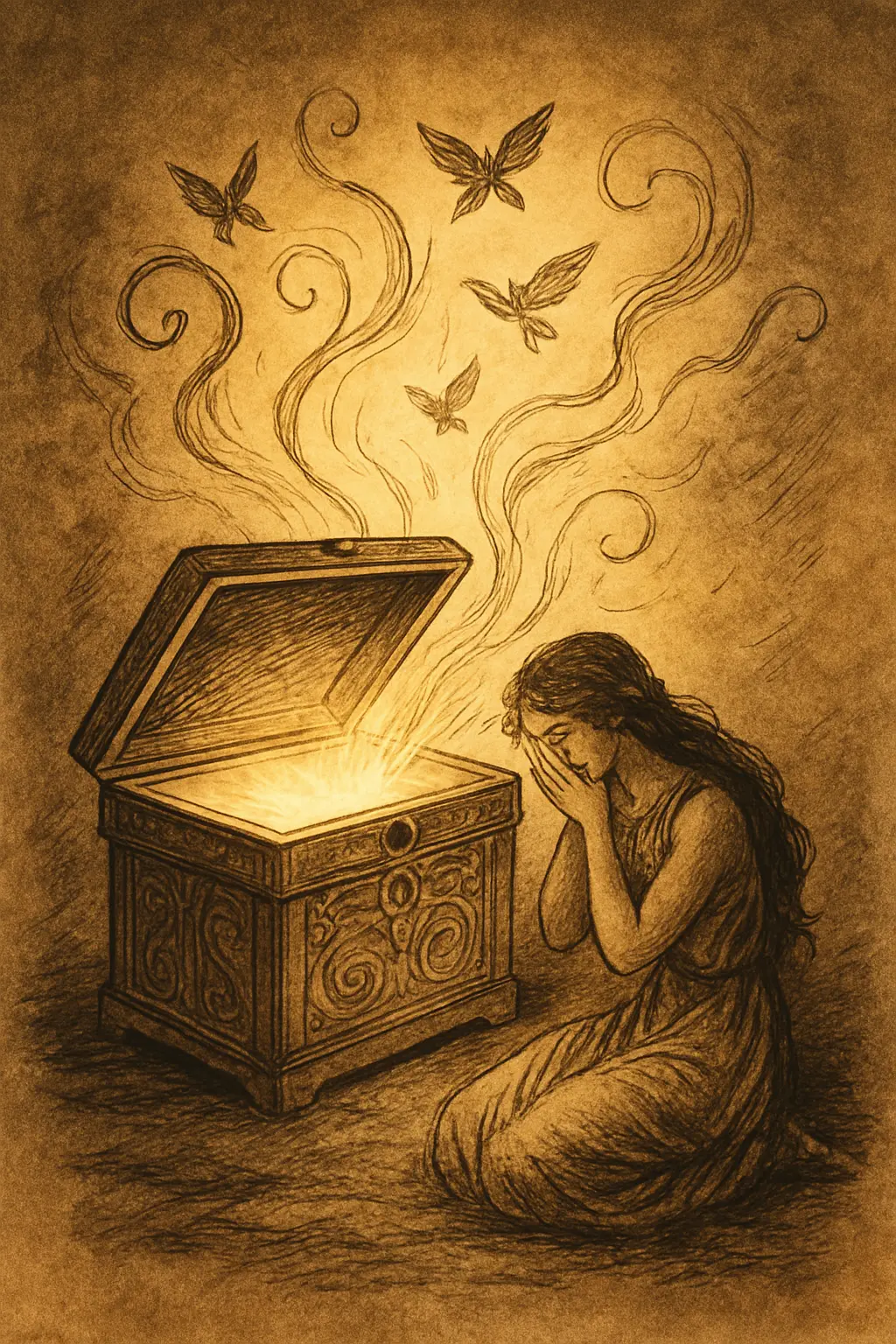 호기심을-참지-못해-상자를-열어버린-판도라가-눈을-가리고-있는-일러스트