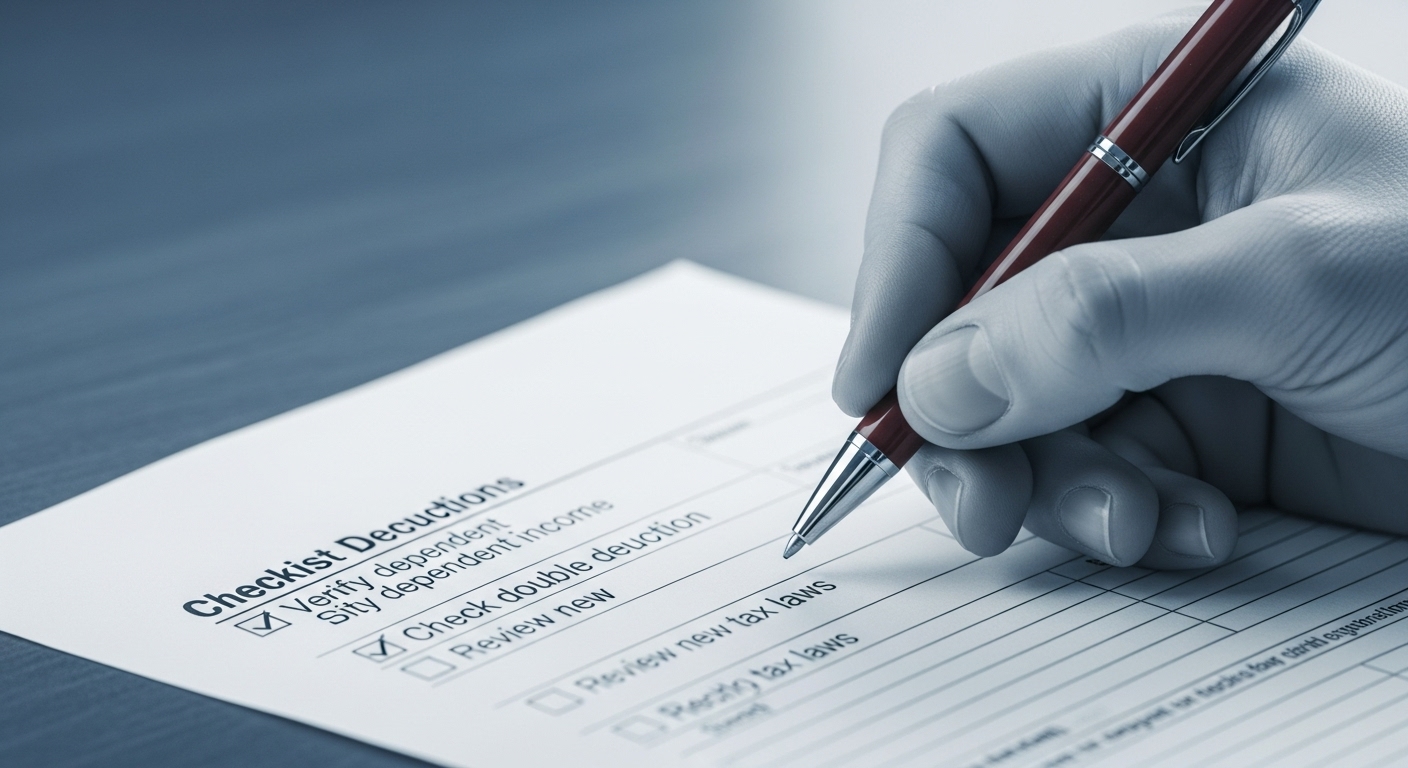 연말정산 과다공제 방지를 위한 체크리스트를 꼼꼼히 확인하는 손의 클로즈업 이미지