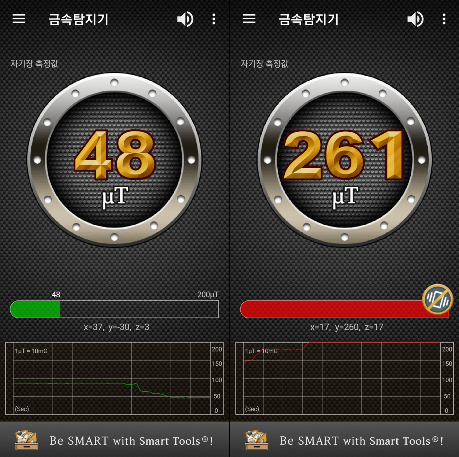 금속탐지기 어플이 금속 탐지했을 때 수치 변화