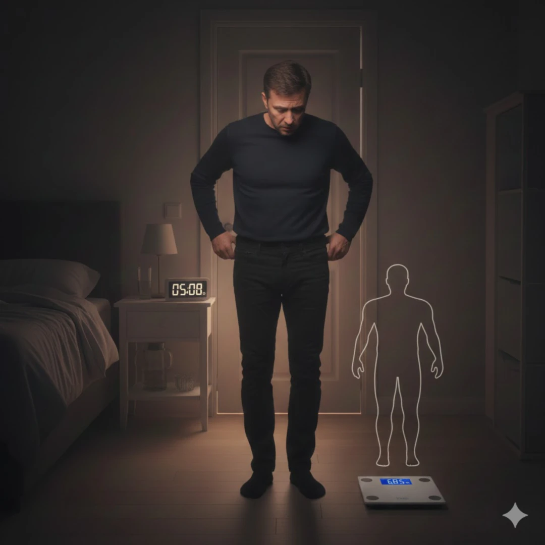 허리 부분이 헐렁해진 바지를 붙잡고 놀라거나 의아해하는 사람의 모습과 함께&amp;#44; 옆에는 몸무게가 줄어든 것을 나타내는 체중계나 줄어든 체형을 시각화하는 그래픽이 배치되어 있습니다. 