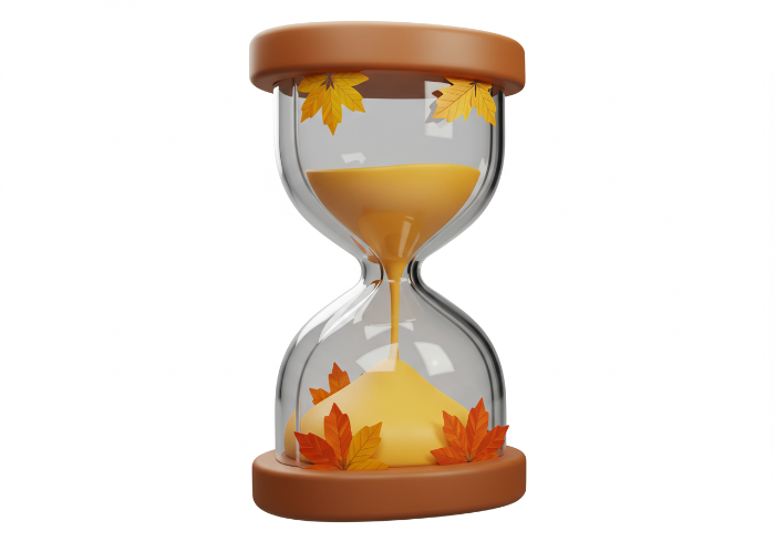 화담숲 예약 실패 시 대안 시간대를 나타내는 모래시계와 가을잎 3D 아이콘