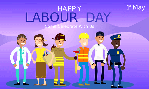 근로자들이 서 있다. 의사, 교사, 소방관, 청소부, 요리사, 경찰관이다.